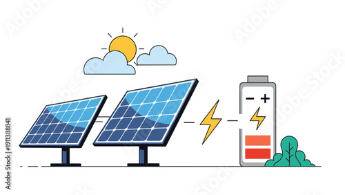 Clean renewable energy system consisting of solar panels connected to a large battery for sustainable power storage and environmental protection.