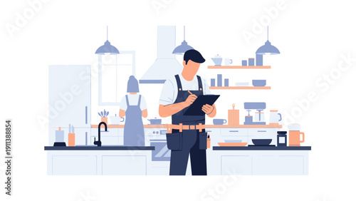 Modern kitchen scene with people in aprons writing on clipboard