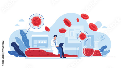 Medical researcher sits on a giant laboratory test tube to analyze blood samples and viral particles for new medicine and vaccine development.