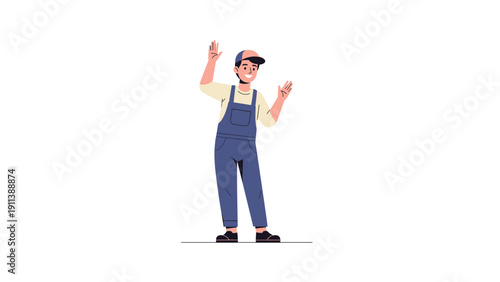 Smiling young man in casual overalls waving hands cartoon style