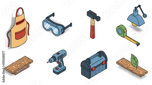 Isometric workshop tools: drill, hammer, measuring tape, toolbox