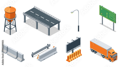 Isometric urban infrastructure elements with road, billboard