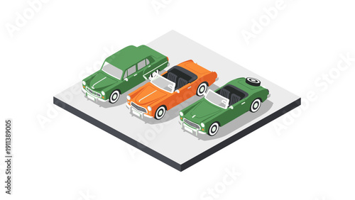 Isometric classic cars showcase on platform with green and orange