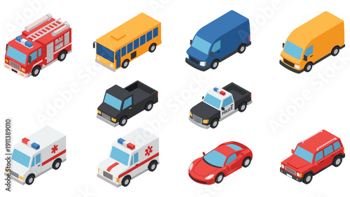 Isometric collection of various vehicles including police car