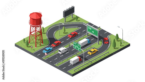 Isometric highway scene with cars and water tower on a clear day