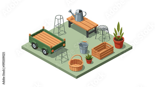Isometric garden tools and furniture set on green base with potted
