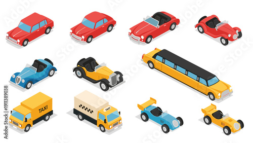 Classic and vintage cars collection in isometric style featuring