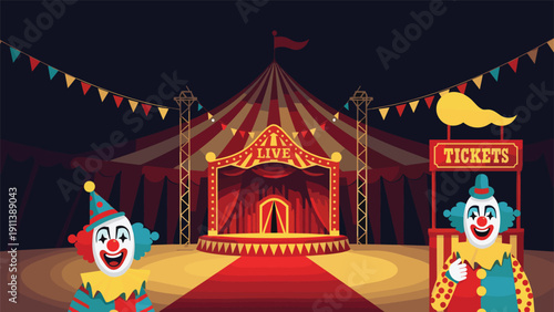 Colorful circus tent with a live performance stage is flanked by two cheerful smiling clowns ready to entertain the audience for a fun show.