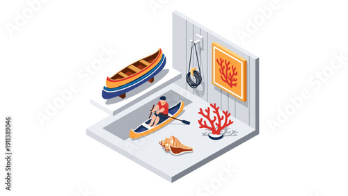 Isometric canoeing adventure: modern interior with nautical decor
