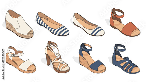 Trendy women's shoes collection with isometric style featuring