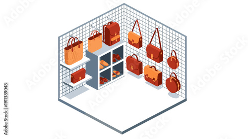 Isometric bag store display with shelves and grid walls in modern