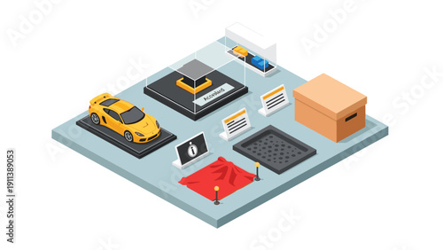 Isometric car exhibition display setup with accessories