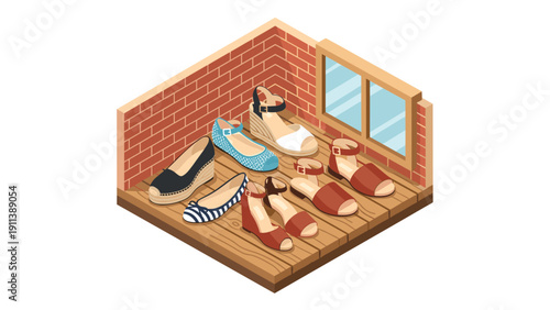 Isometric room with elegant women's shoes displayed on wooden floor