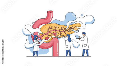 Team of medical specialists uses diagnostic charts to examine the human pancreas and liver for better health management and disease prevention.