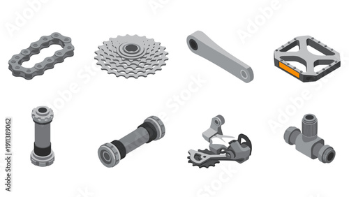 Isometric bicycle components collection: chain, gear, and pedal in