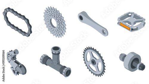 Essential bicycle components in isometric style for mechanical design