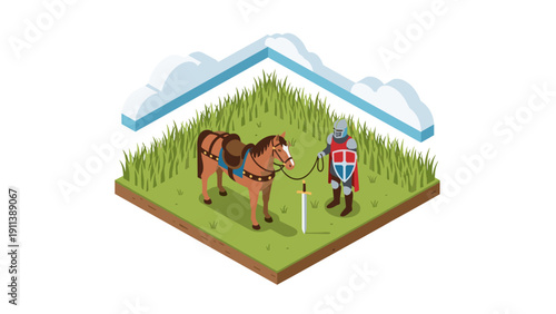Isometric medieval knight with sword and horse on grassy terrain