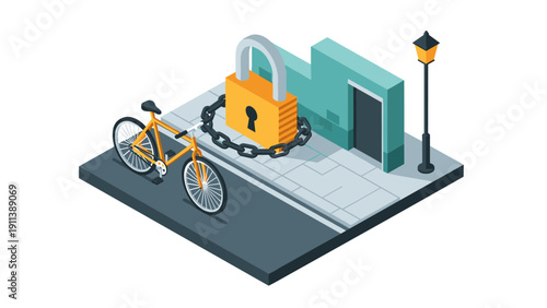 Secure your ride: isometric bicycle with giant lock and chain in