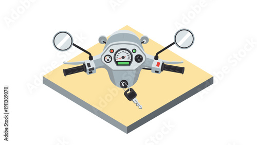 Modern motorcycle handlebars with mirrors and key in isometric design