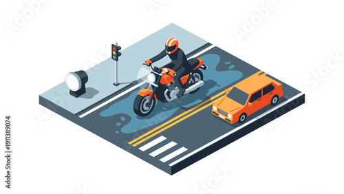 Motorcyclist and car on urban isometric road scene with traffic light