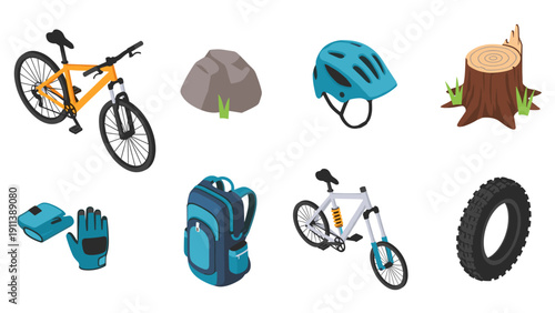 Isometric mountain biking gear and equipment set for outdoor