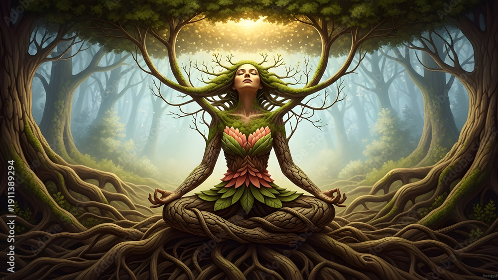 Fototapeta premium A mystical woman transforming into a tree with roots spreading deep into the ground and branches growing from her head in a foggy forest