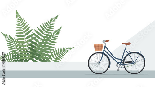 Flat design bicycle and fern illustration on minimalist background