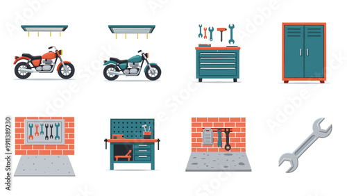 Garage tools and motorcycles in modern workshop setting