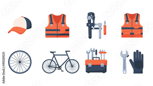 Bicycle repair tools and safety gear collection in flat style
