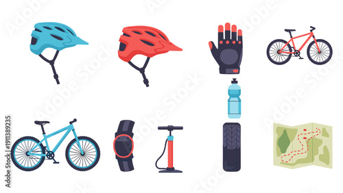 Biking essentials collection: helmets, gear, and tools for cycling