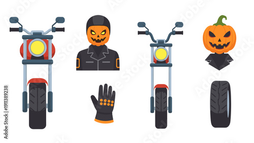 Halloween-themed motorcycle design with pumpkin head rider and