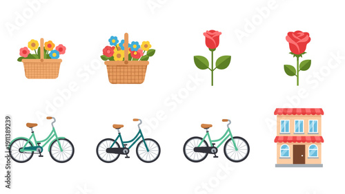 Floral baskets and bicycles with roses and house in flat style