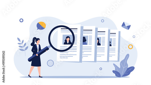 Professional recruiter uses a large magnifying glass to carefully examine various resumes and candidate profiles for a specific job opening.