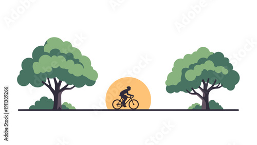 Cyclist in nature with sunset between trees in minimal flat design
