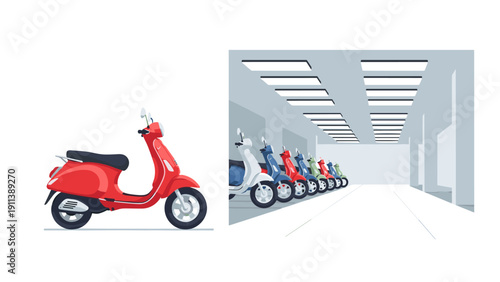 Colorful retro scooters in showroom with modern lighting design