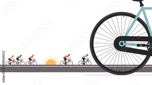 Cyclists in motion during sunrise with bicycle detail in flat design
