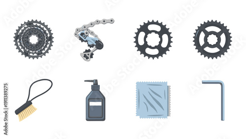 Bicycle maintenance tools and gears set on white background