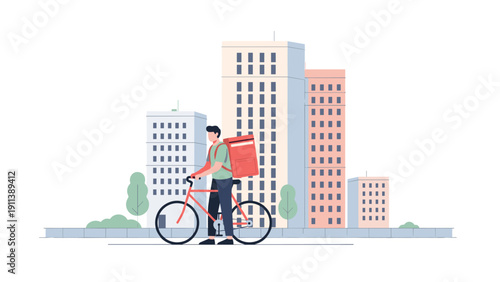 Urban bicycle delivery with cityscape background in flat design