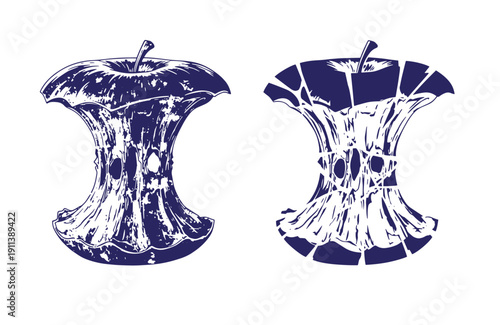 Grunge texture Two dark blue and white illustrations of rotten apples with worm holes on white background  detailed grunge style artwork Vintage Style