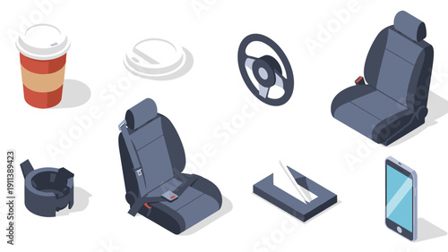 Isometric car interior objects with coffee cup and smartphone