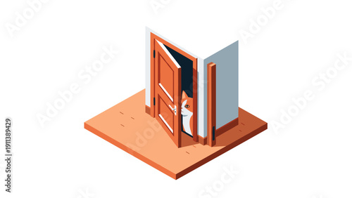 Curious cat peeking through door in isometric room design