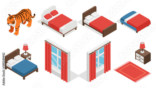 Isometric bedroom furniture and decor set with tiger for interior