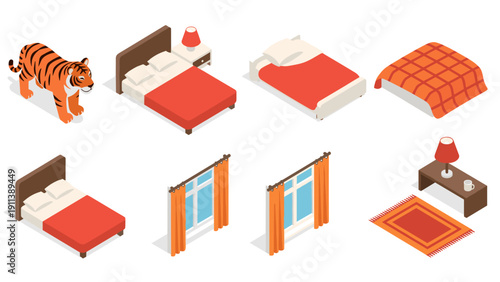 Isometric bedroom set with tiger: beds, windows, rugs, furniture in