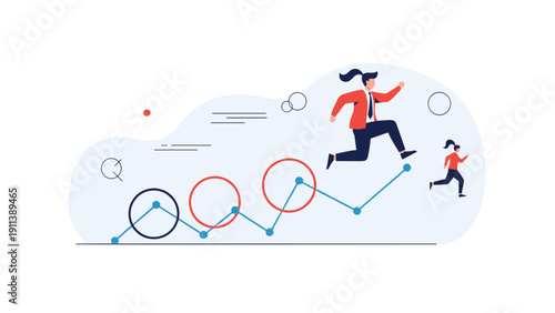Determined businesswoman leaps across gaps in a rising growth graph while another person runs in the background toward the finish line.