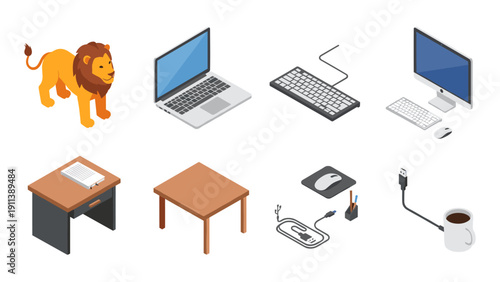 Isometric office items and lion with desk, technology, coffee, and
