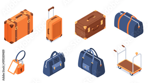 Isometric luggage and travel items set for modern travel graphics