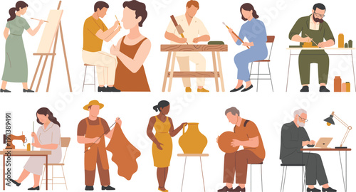 Creative artists and artisans set illustration featuring painting, sculpture, woodworking, pottery and handmade craft workshop professions collection