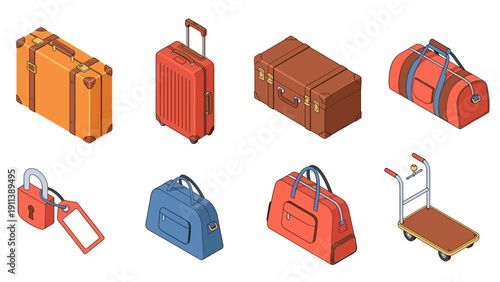 Isometric travel luggage and accessories with locks on white