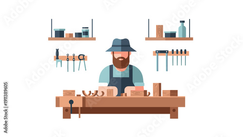 Artisan woodworker at bench in modern flat design workshop scene