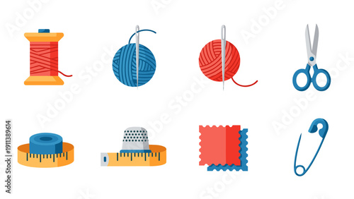 Colorful sewing tools set with thread, yarn, needle, scissors, and